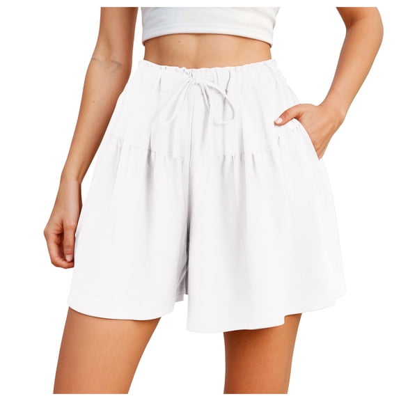 vigerkar Linen Pleated Casual Ruffle Shorts for Women Comfy Summer Loose Elastic Waist Drawstring Flowy Lounge Shorts with Pockets (White, 3XL)