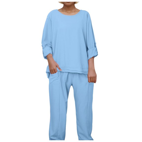 vigerkar Linen Sets for Women 2 Piece Pants Outfits Casual Long Sleeve Shirts Wide Leg Pant Suits Loungewear Pajamas Light Blue, M