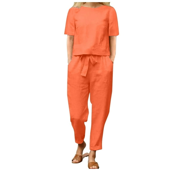 vigerkar Linen Sets for Women 2 Piece Summer Casual Matching Set Outfits Short Sleeve T Shirts and Pants with Pockets Red, XXL