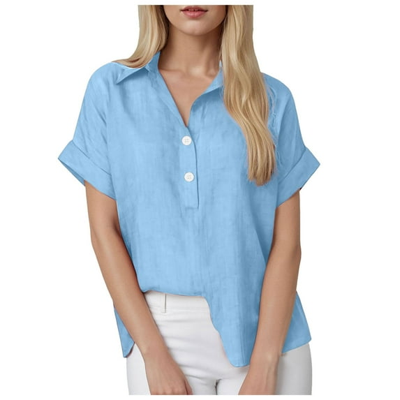 vigerkar Linen Shirts for Women Button Short Sleeve Summer Blouses Casual Beach Workout Collared Loose Fit Solid Tops Sky Blue, XXL