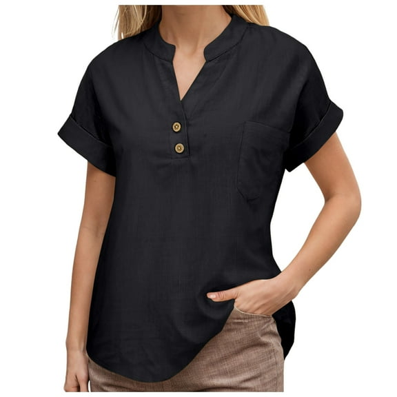 vigerkar Linen Shirts for Women Summer Linen Button Down Long Sleeve T-Shirt Casual Loose Henley V Neck Blouses Top Black, L