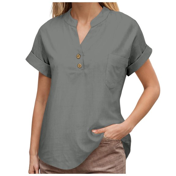 vigerkar Linen Shirts for Women Summer Linen Button Down Long Sleeve T-Shirt Casual Loose Henley V Neck Blouses Top Grey, L