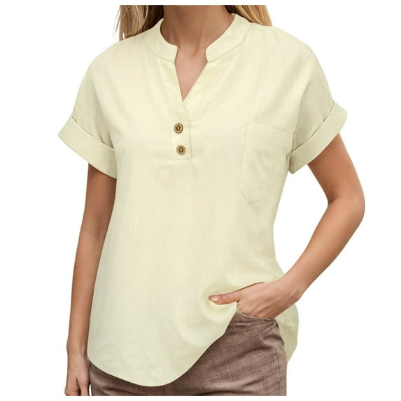 vigerkar Linen Shirts for Women Summer Linen Button Down Long Sleeve T-Shirt Casual Loose Henley V Neck Blouses Top Light Yellow, L