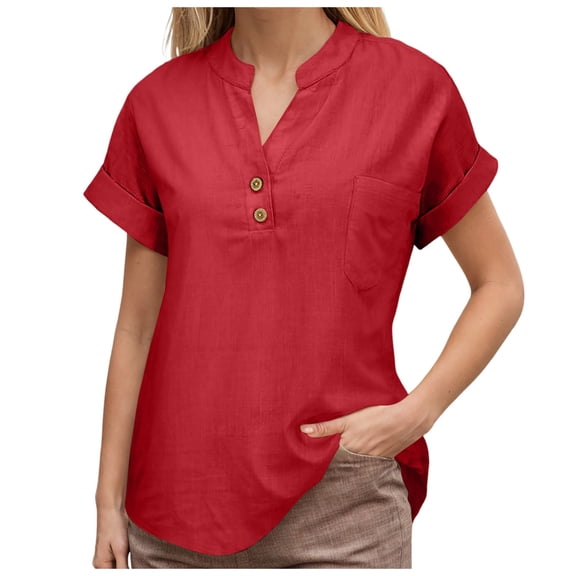 vigerkar Linen Shirts for Women Summer Linen Button Down Long Sleeve T-Shirt Casual Loose Henley V Neck Blouses Top Red, L
