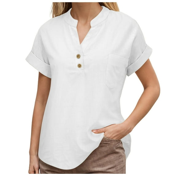vigerkar Linen Shirts for Women Summer Linen Button Down Long Sleeve T-Shirt Casual Loose Henley V Neck Blouses Top White, XL