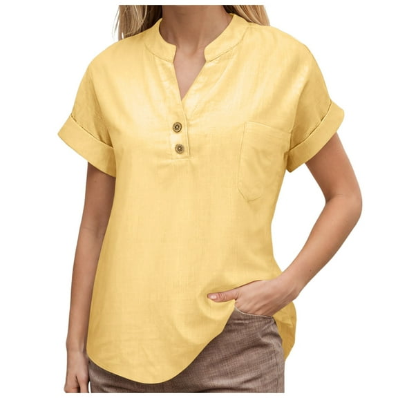 vigerkar Linen Shirts for Women Summer Linen Button Down Long Sleeve T-Shirt Casual Loose Henley V Neck Blouses Top Yellow, L