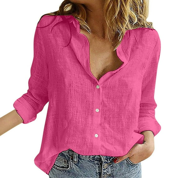 vigerkar Linen Shirts for Women Summer Long Sleeve Lapel Button Down Shirt Lightweight Tops Loose Casual Blouses Clothes Hot Pink, 5XL