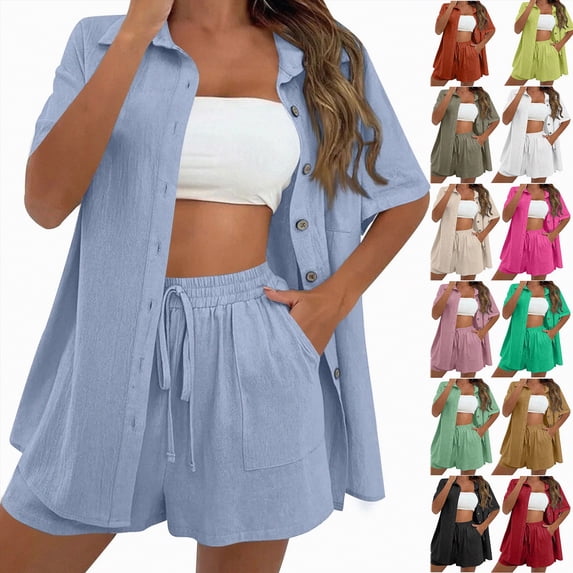 vigerkar Linen Short Sets for Women Short Sleeve Top Shorts 2 Piece Summer Beach Vacation Outfits Lounge Tracksuits (Green, L)