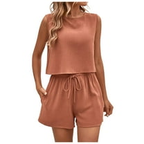 vigerkar Linen Short Sets for Women Two Piece Matching Casual Sleeveless Tank Top and High Waisted Shorts Summer Outfits Orange, M