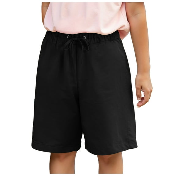 vigerkar Linen Shorts for Girl 5 Inch Inseam Drawstring Short High Waisted Lightweight Shorts Beach Vacation Outfits with Pockets (Black, 13-14 Years)