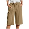 thumbnail image 1 of vigerkar Linen Shorts for Women Drawstring High Waisted Plus Size Shorts Summer Vacation Loose Beach Pants with Pockets Khaki, XL, 1 of 9
