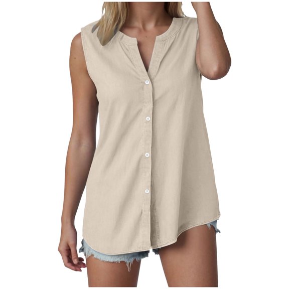 vigerkar Linen Tank Tops for Women Button Down Sleeveless V Neck Loose Fit Shirts Summer Casual Plus Size Lightweight Blouses Beige, XL