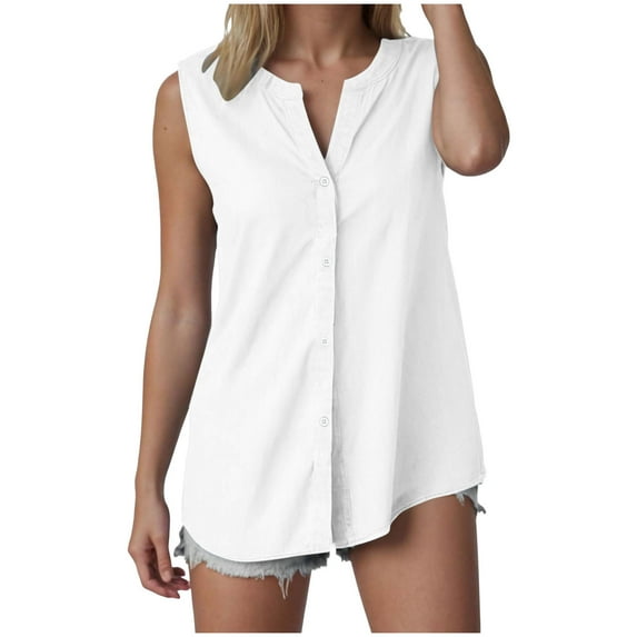 vigerkar Linen Tank Tops for Women Button Down Sleeveless V Neck Loose Fit Shirts Summer Casual Plus Size Lightweight Blouses White, XXL