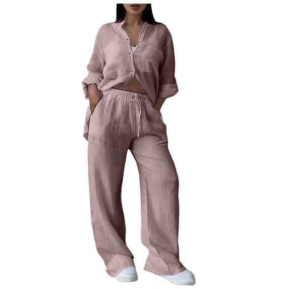 vigerkar Linen Two Piece Set Women Pants Casual Outfits Wide Leg Pants Long Sleeve Button Down Shirt Lounge Streetwear Sets Light Pink, S