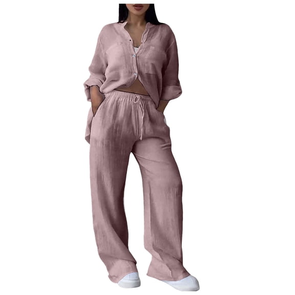 vigerkar Linen Two Piece Set Women Pants Casual Outfits Wide Leg Pants Long Sleeve Button Down Shirt Lounge Streetwear Sets Light Pink, XXL