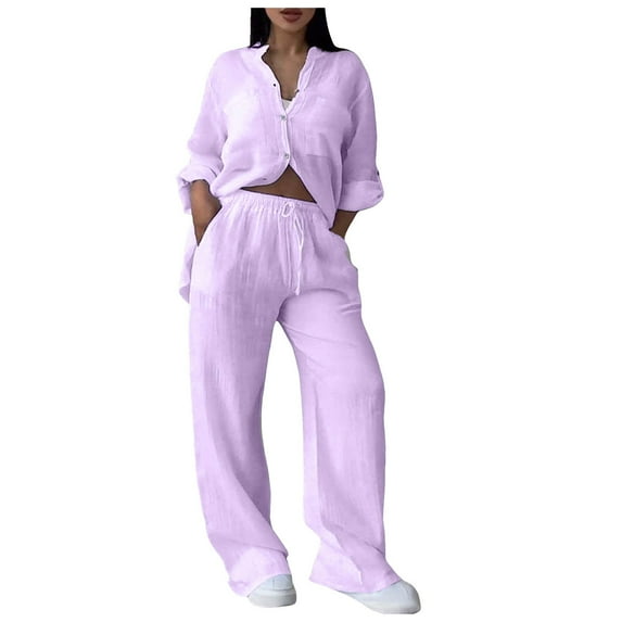 vigerkar Linen Two Piece Set Women Pants Casual Outfits Wide Leg Pants Long Sleeve Button Down Shirt Lounge Streetwear Sets Light Purple, L
