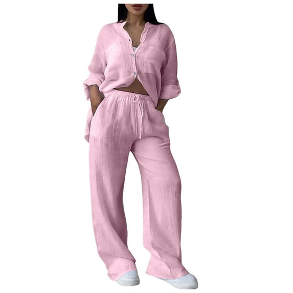 vigerkar Linen Two Piece Set Women Pants Casual Outfits Wide Leg Pants Long Sleeve Button Down Shirt Lounge Streetwear Sets Pink, L