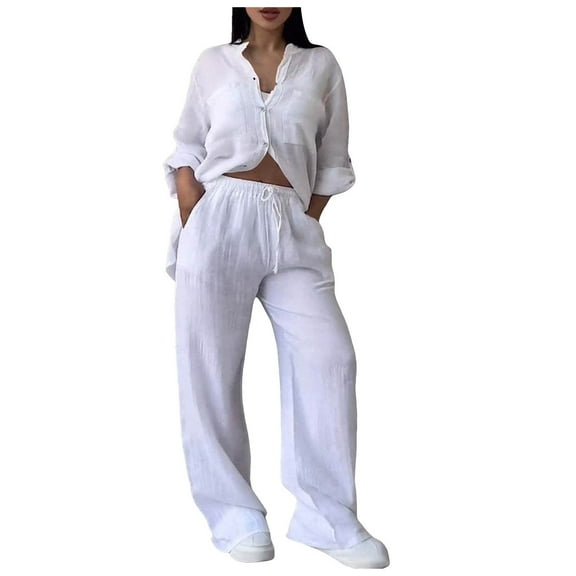 vigerkar Linen Two Piece Set Women Pants Casual Outfits Wide Leg Pants Long Sleeve Button Down Shirt Lounge Streetwear Sets White, XL