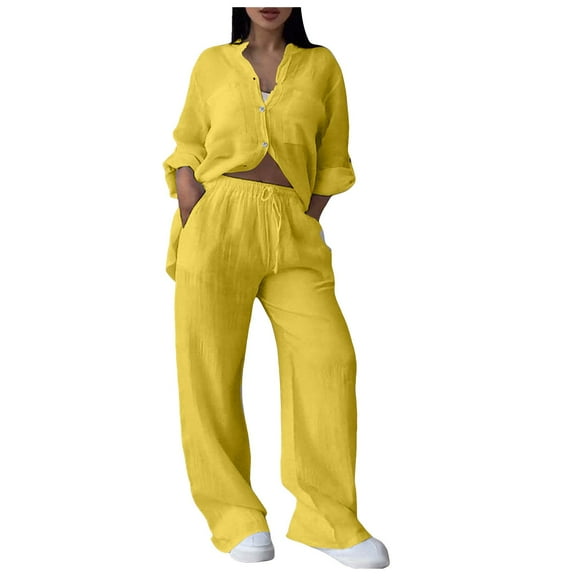 vigerkar Linen Two Piece Set Women Pants Casual Outfits Wide Leg Pants Long Sleeve Button Down Shirt Lounge Streetwear Sets Yellow, L