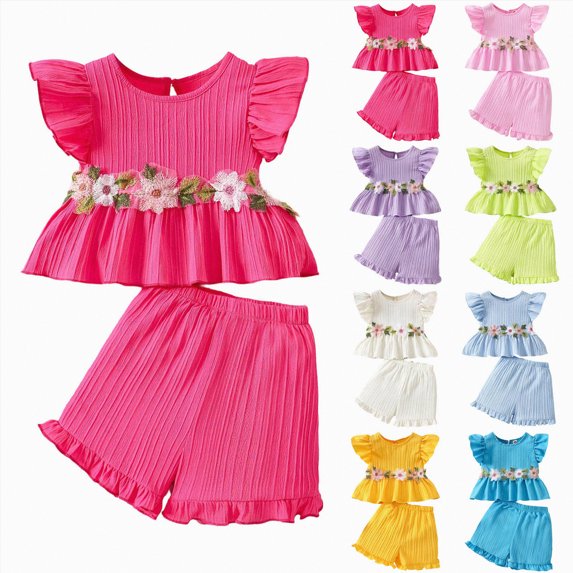 vigerkar Little Girls 2 Piece Outfits Cute Floral Embroidered Sets Ruffle Solid Color Tank Top and Shorts Summer Set (Light Blue, 2-3 Years)