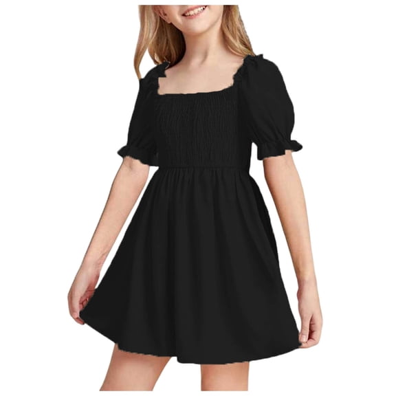 vigerkar Little Girls Kids Summer Chiffon Ruffle Mini Dress Square Neck Lantern Sleeve Short Dress Tulle Smocked (Black, 11-12 Years)