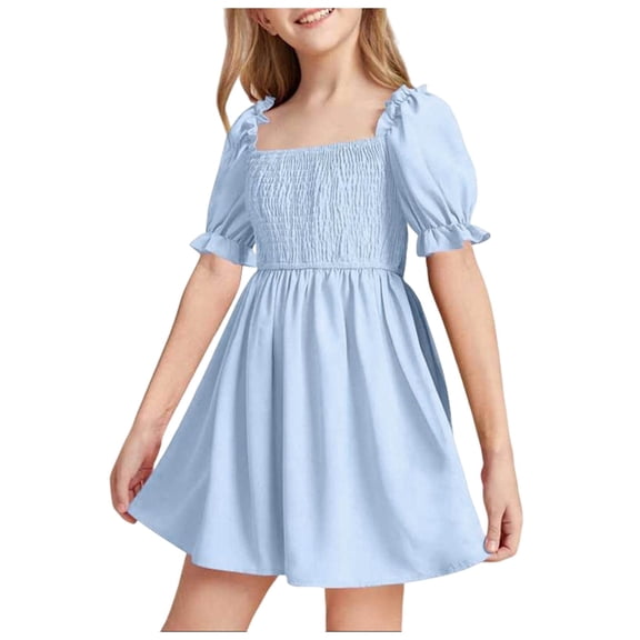 vigerkar Little Girls Kids Summer Chiffon Ruffle Mini Dress Square Neck Lantern Sleeve Short Dress Tulle Smocked (Blue, 7-8 Years)