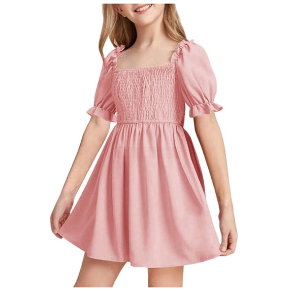 vigerkar Little Girls Kids Summer Chiffon Ruffle Mini Dress Square Neck Lantern Sleeve Short Dress Tulle Smocked (Pink, 13-14 Years)
