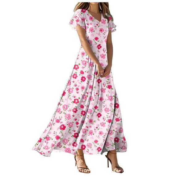 vigerkar Long Dresses for Women 2025 Cocktail Floral Dress Short Sleeve V Neck Dresses Pink, M