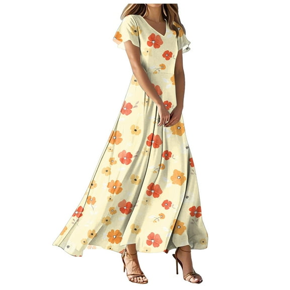 vigerkar Long Dresses for Women 2025 Cocktail Floral Dress Short Sleeve V Neck Dresses Yellow, XL