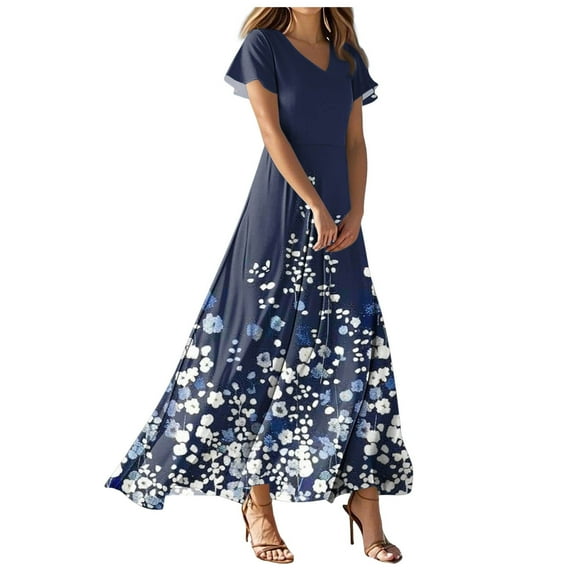 vigerkar Long Maxi Dresses for Women Boho Floral Dress Short Sleeve V Neck Dresses 2025 Dark Blue, XL