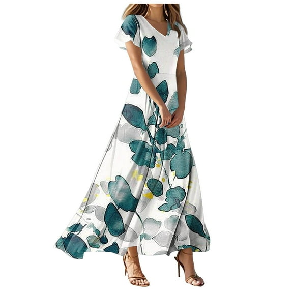 vigerkar Long Maxi Dresses for Women Boho Floral Dress Short Sleeve V Neck Dresses 2025 Dark Green, M