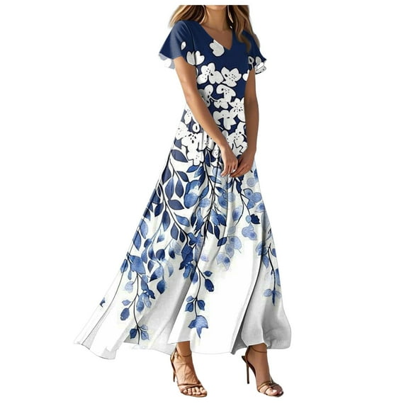 vigerkar Long Maxi Dresses for Women Boho Floral Dress Short Sleeve V Neck Dresses 2025 Navy, M