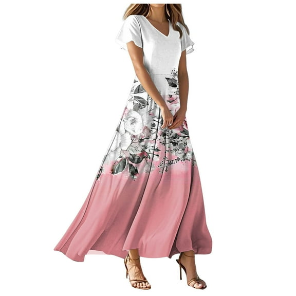 vigerkar Long Maxi Dresses for Women Boho Floral Dress Short Sleeve V Neck Dresses 2025 Pink, XXL