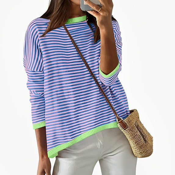 vigerkar Long Sleeve Shirts for Women Casual Spring Crewneck Striped Color Block Shirt High Low Pullover Tops BU1, S