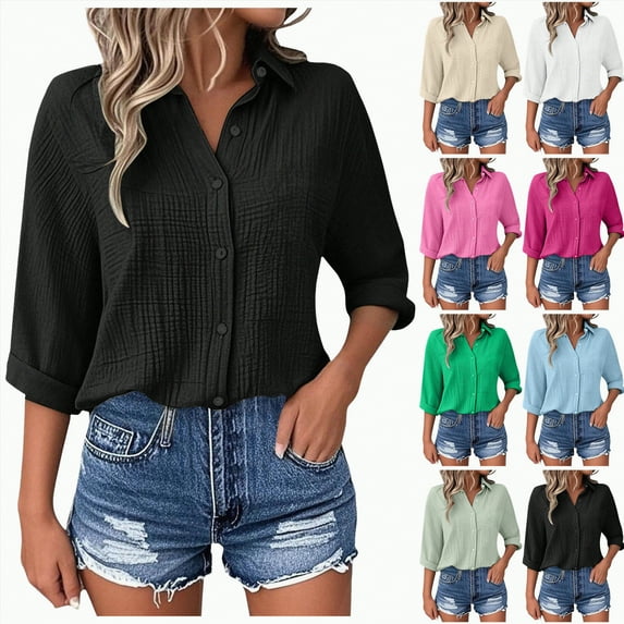 vigerkar Long Sleeve Shirts for Women Trendy Collared Button Down Blouses Solid Color Casual Fashion Tops (Dark Green, XXL)