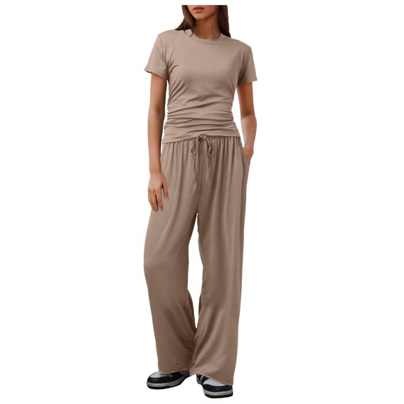 vigerkar Lounge Sets For Women Two Piece Outfits Loungewear Short Sleeve Crewneck Jogger Pajama Set Sweatpants Tracksuit Khaki, XL