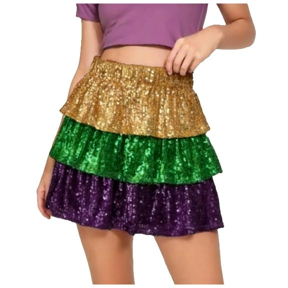 vigerkar Mardi Gras Skirt Sparkly Carnival Costume Skirts Festival Party Dance Skirts for Women (Gold, L)