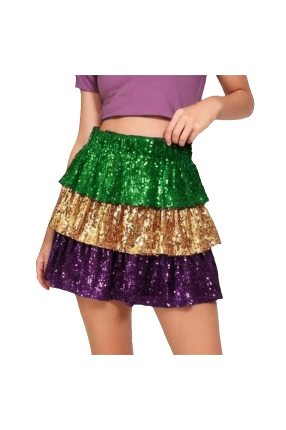 Mardi Gras Skirt Sparkly Carnival Costume Skirts Festival Party Dance Skirts for Women (Green, L)