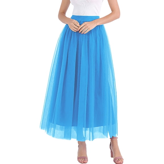 vigerkar Maxi Skirt Women Tiered Layered Mesh Ballet Prom Party Tulle Tutu A Line Midi Skirt Blue, S