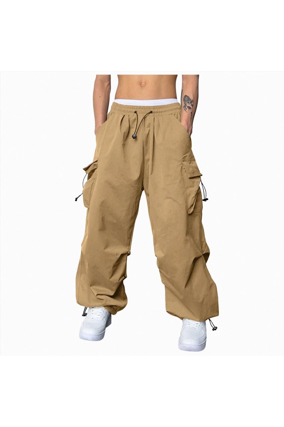 Men's Parachute Pants Casual Baggy Cargo Drawstring Trouser | Vintage Unisex Pants,Drawstring Street Pants,Hiking Pants,Drape Sweatpants (Khaki, XXL)