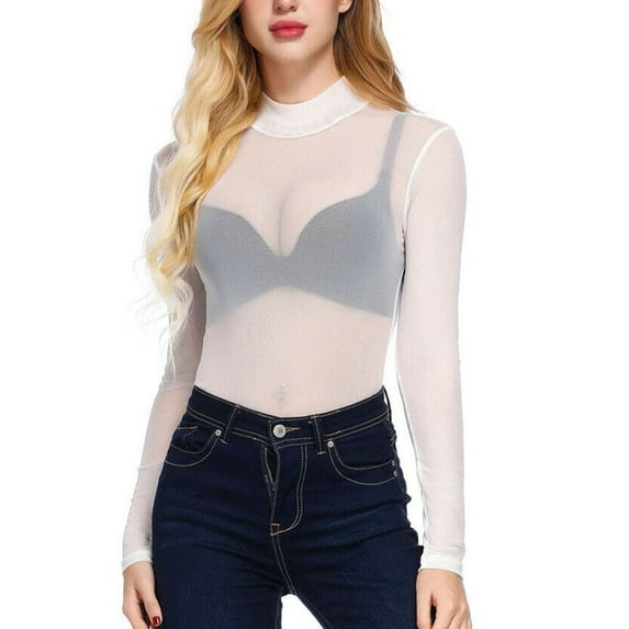 vigerkar Mesh Top for Women Long Sleeve Tops Sexy Clubwear Outfits Shirts White, XL