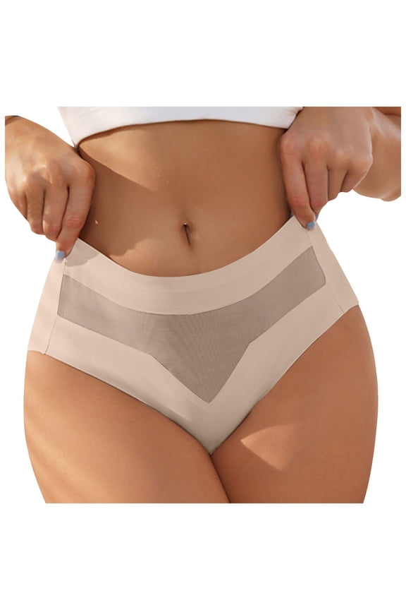 Mid Waist Quick Drying Invisible Ice Silk Panties,Ultra Thin Breathable No Marking Underwear, Lifting Elastic Briefs Beige, L