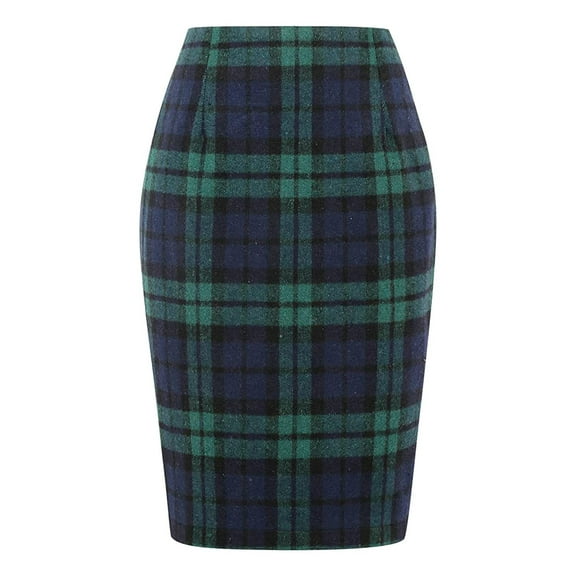 vigerkar Midi Plaid Skirts for Women Fall Winter Knee Length Pencil Wool Skirt with Slit Green, XL