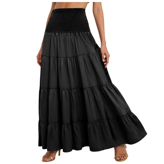 vigerkar Midi Skirt Women’s Elastic High Waist Boho Maxi Skirts Ruffle A Line Swing Skirts Black, L