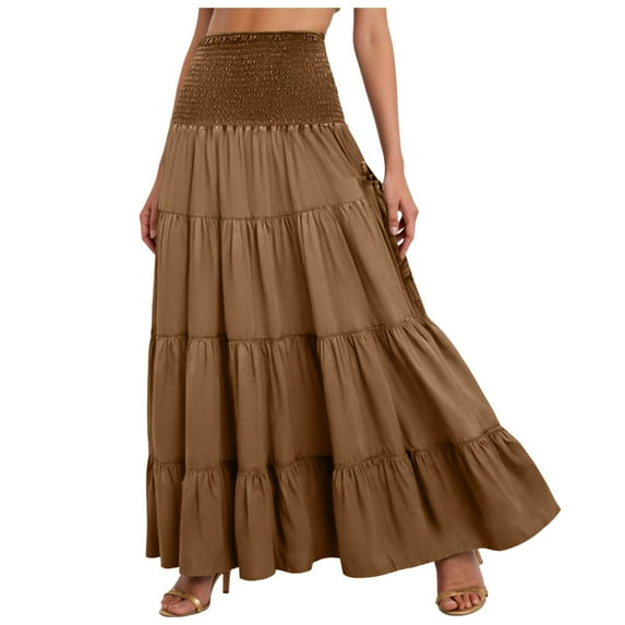vigerkar Midi Skirt Women’s Elastic High Waist Boho Maxi Skirts Ruffle A Line Swing Skirts Brown, M