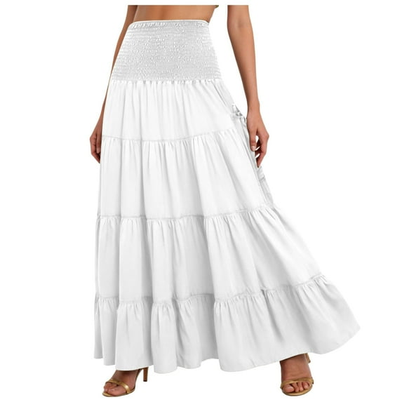 vigerkar Midi Skirt Women’s Elastic High Waist Boho Maxi Skirts Ruffle A Line Swing Skirts White, L