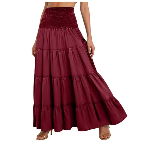 vigerkar Midi Skirt Women’s Elastic High Waist Boho Maxi Skirts Ruffle A Line Swing Skirts Wine, XL