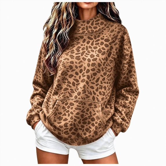 vigerkar Mock Neck Sweatshirt Women, Oversized Long Sleeve Leopard Pullover, with Pocket Drop Shoulder Fashion Streetwear Casual Teacher Outfit (Brown, XXL)