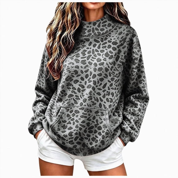 vigerkar Mock Neck Sweatshirt Women, Oversized Long Sleeve Leopard Pullover, with Pocket Drop Shoulder Fashion Streetwear Casual Teacher Outfit (Dark Gray, XXL)