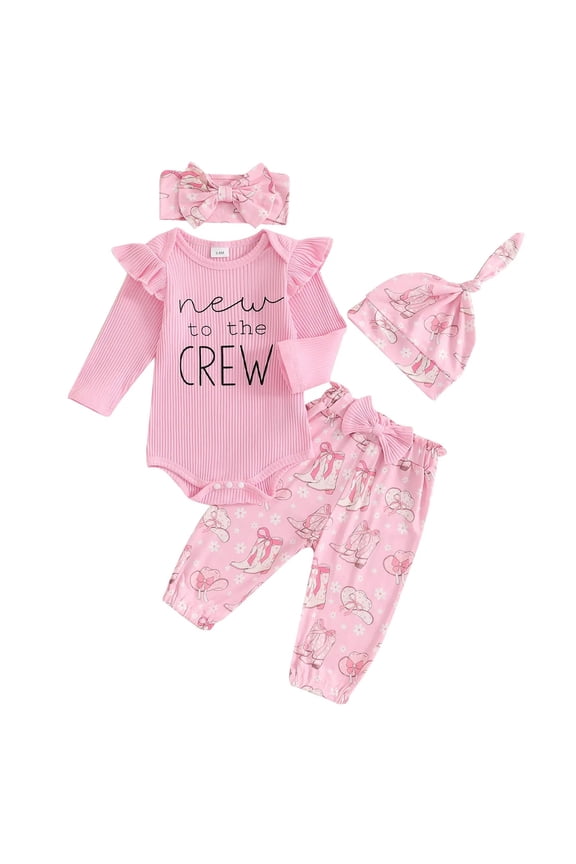 New To The Crew Baby Girl Outfit Newborn Coming Home Outfits Ribbed Romper Bodysuit Floral Pants Set (Pink, Newborn)